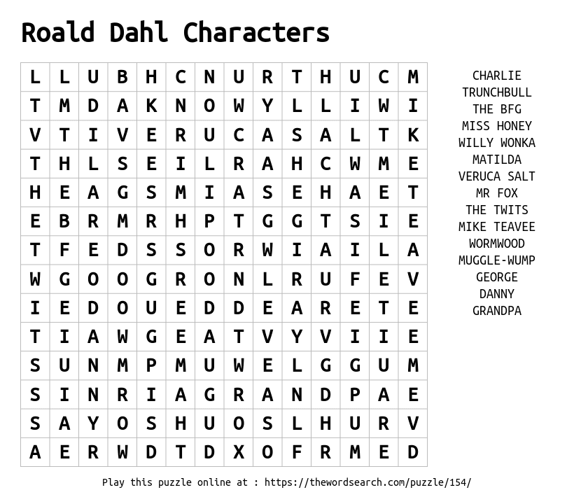Download Word Search on Roald Dahl Characters