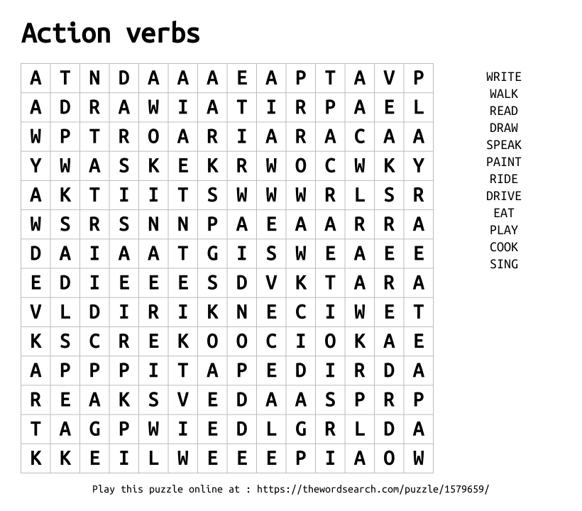 Download Word Search on Action verbs