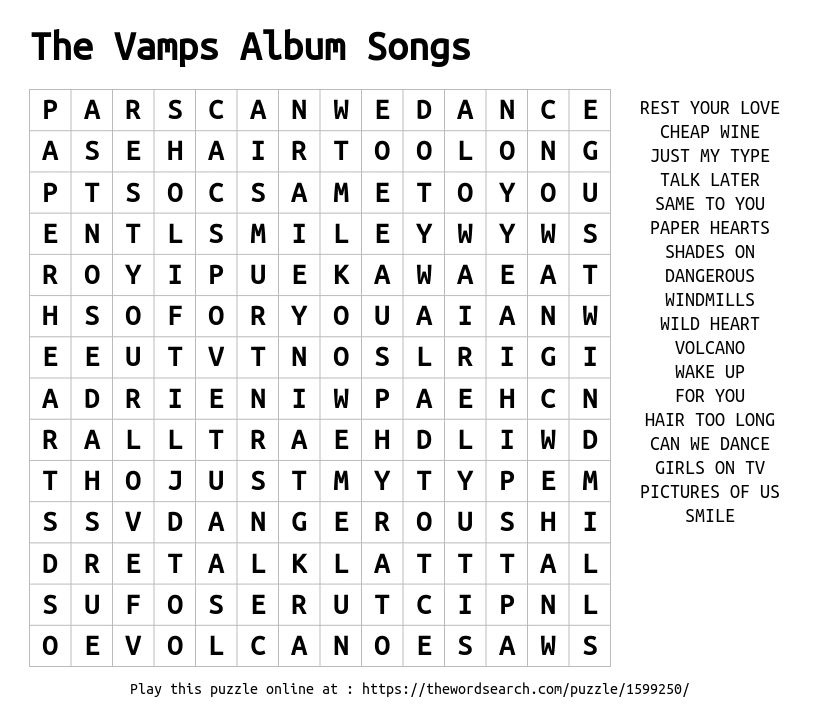 Word Search on The Vamps Album Songs