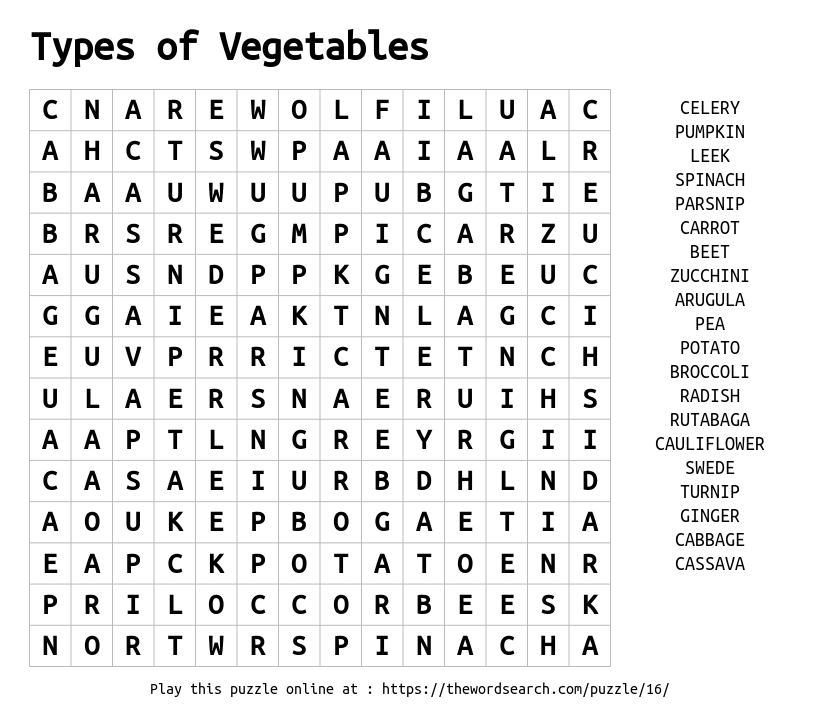 Word Search on Types of Vegetables
