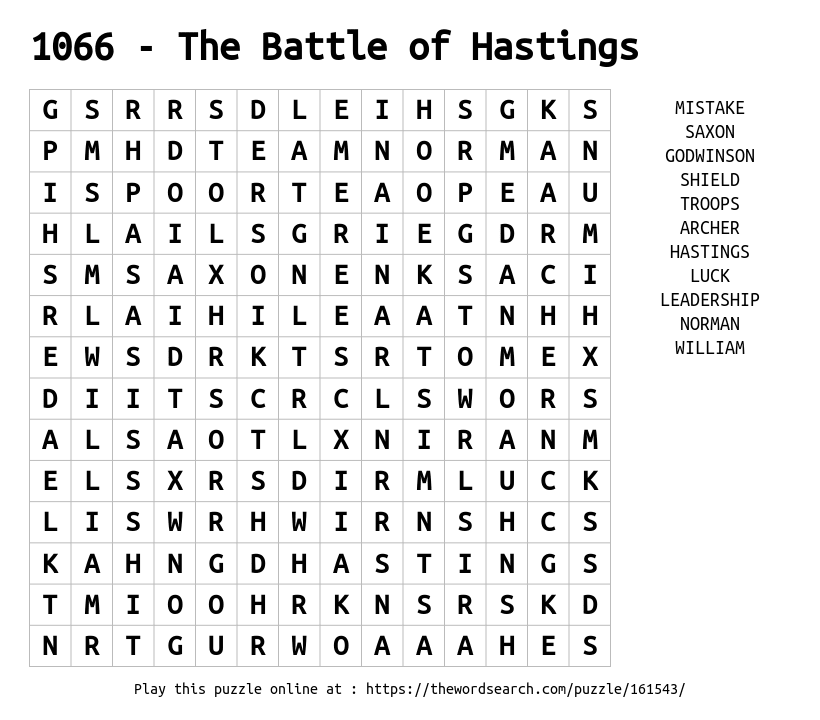 1066 - The Battle of Hastings Word Search