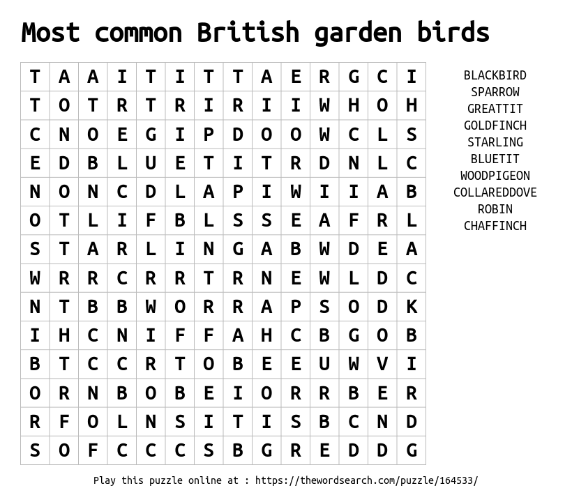most common british garden birds word search