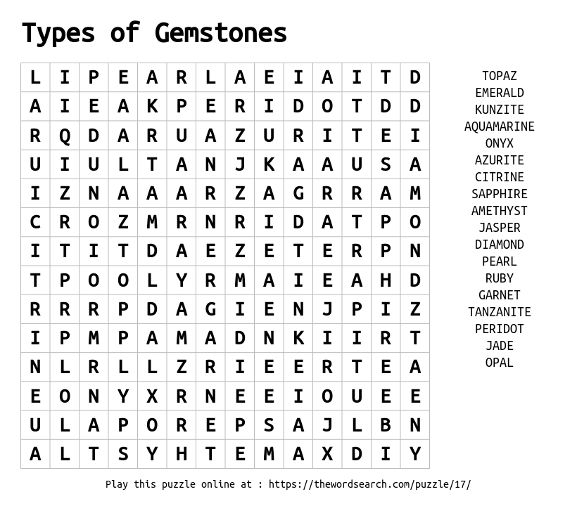 Word Search on Types of Gemstones
