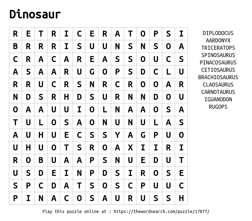 Word Search on Dinosaur