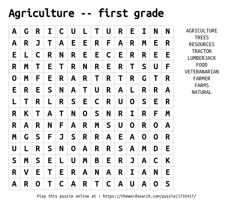 Download Word Search On Agriculture First Grade