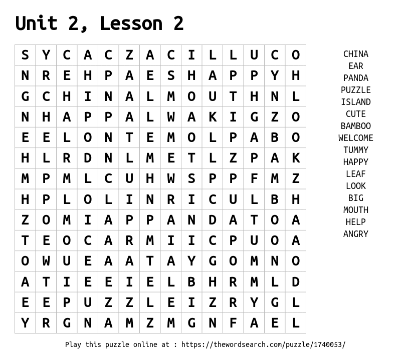 Word Search on Unit 2, Lesson 2