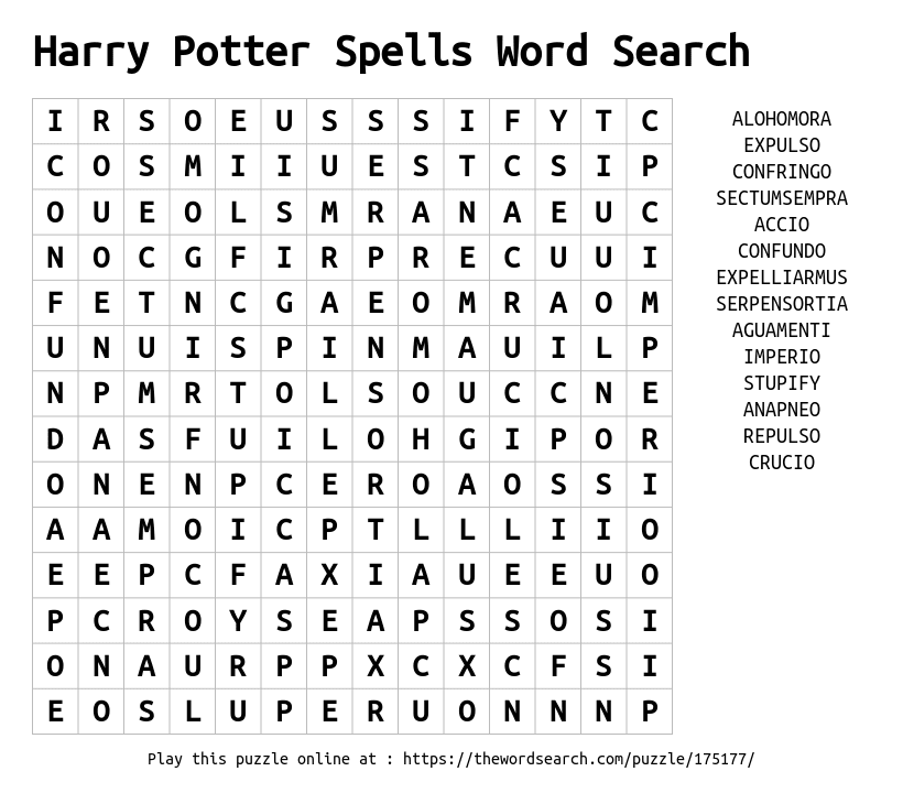 Harry Potter Spells Word Search Word Search