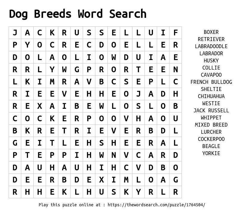 Download Word Search On Dog Breeds Word Search