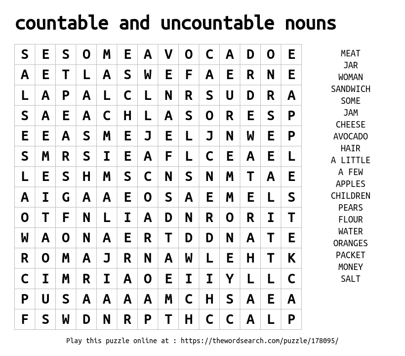 countable and uncountable nouns word search