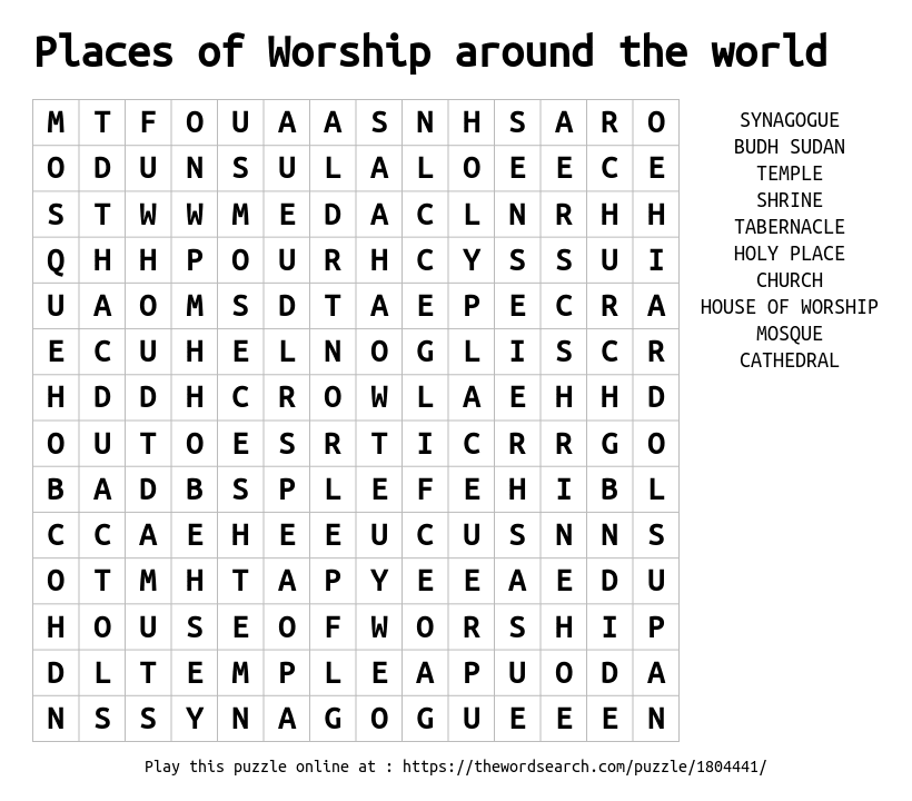 Download Word Search on Places of Worship around the world