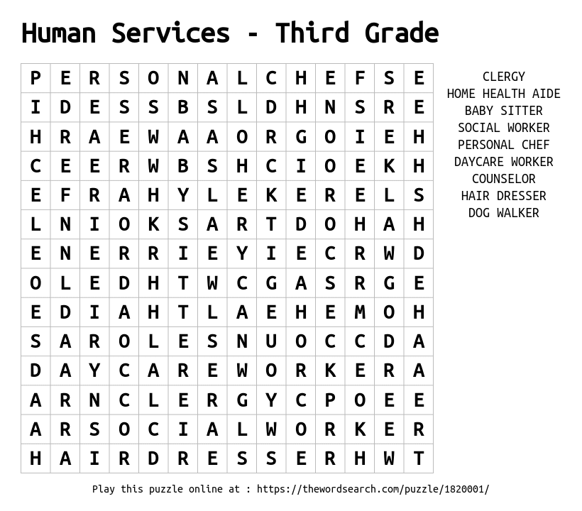 Human Services Third Grade Word Search