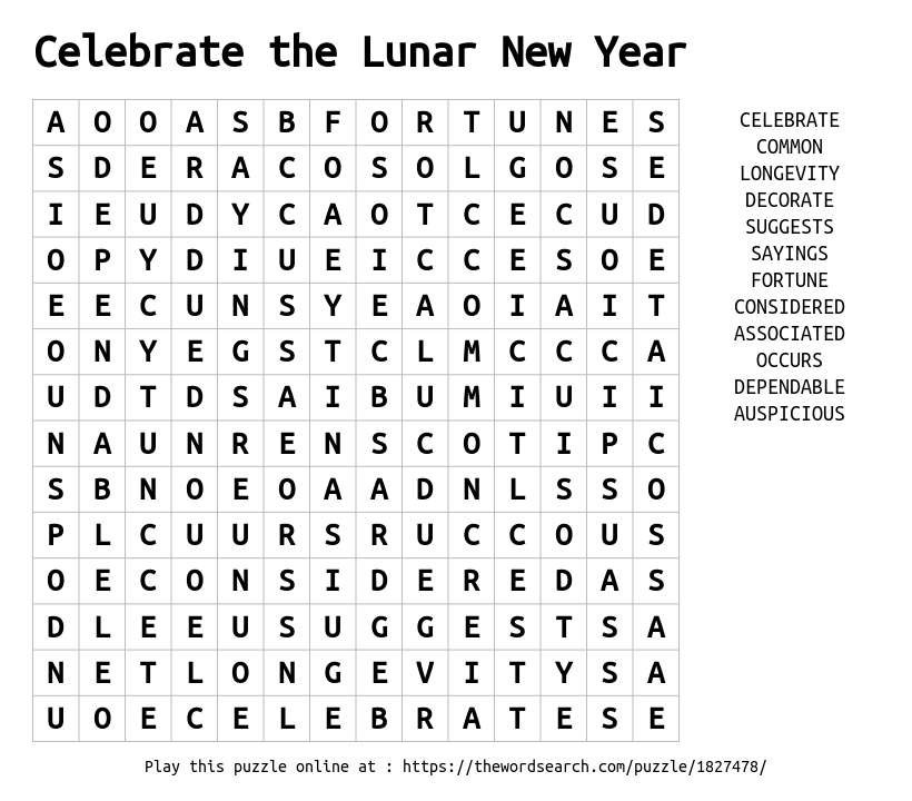 Word Search on Celebrate the Lunar New Year