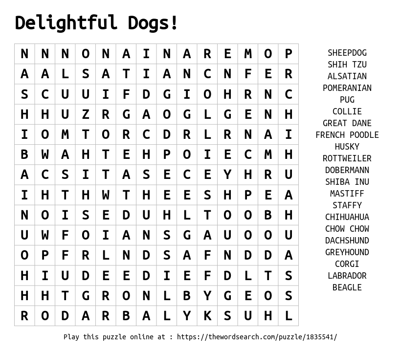 Word Search about Dogs [fun, free printable PDF] - Puzzletainment Publishing