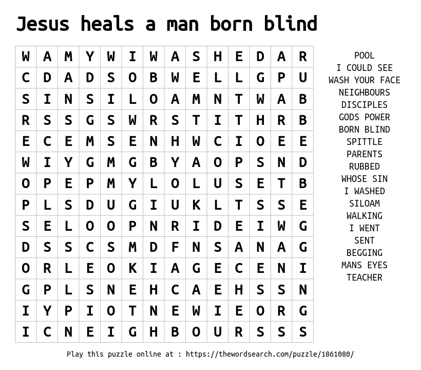 Word Search on Jesus heals a man born blind