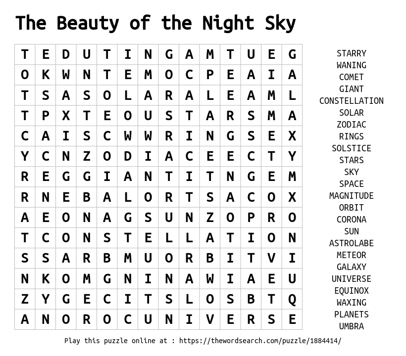 Download Word Search On The Beauty Of The Night Sky