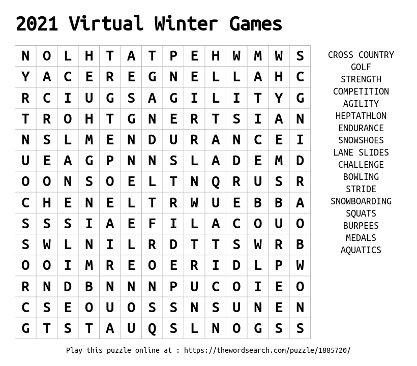 Word Search on 2021 Virtual Winter Games