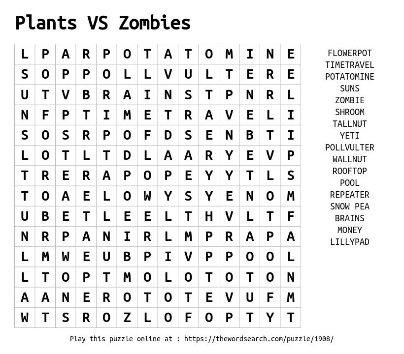 Word Search on Plants VS Zombies