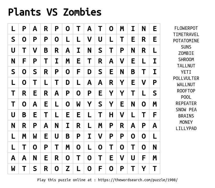 Download Word Search On Plants VS Zombies