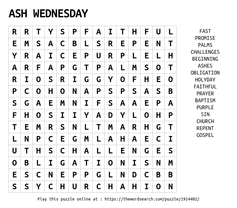 Download Word Search On ASH WEDNESDAY