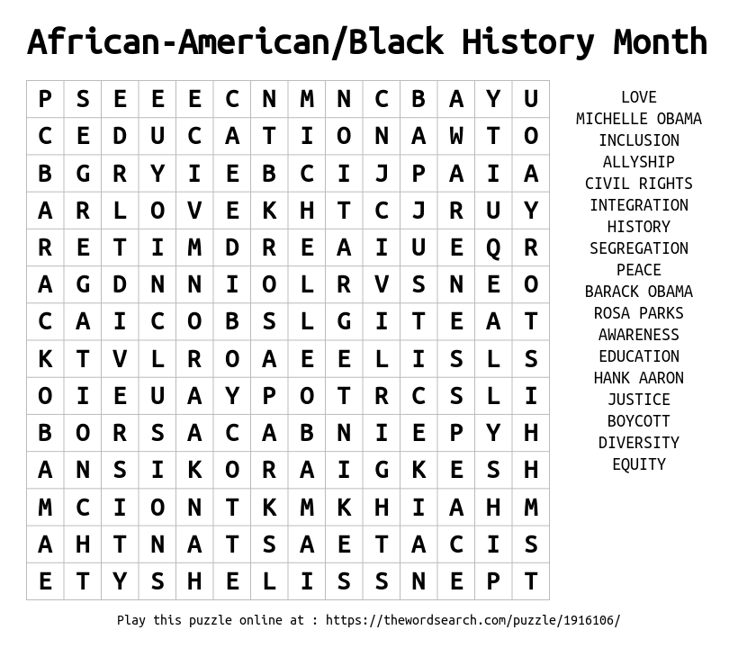 Download Word Search on African-American/Black History Month