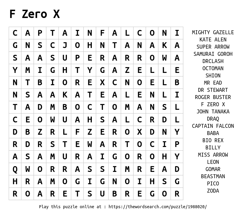 F Zero X Word Search