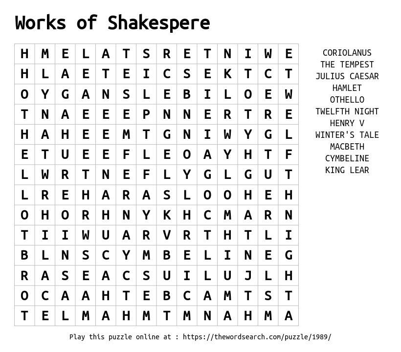 Word Search on Works of Shakespere