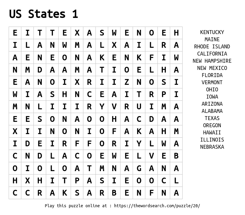 Free Printable Word Search States