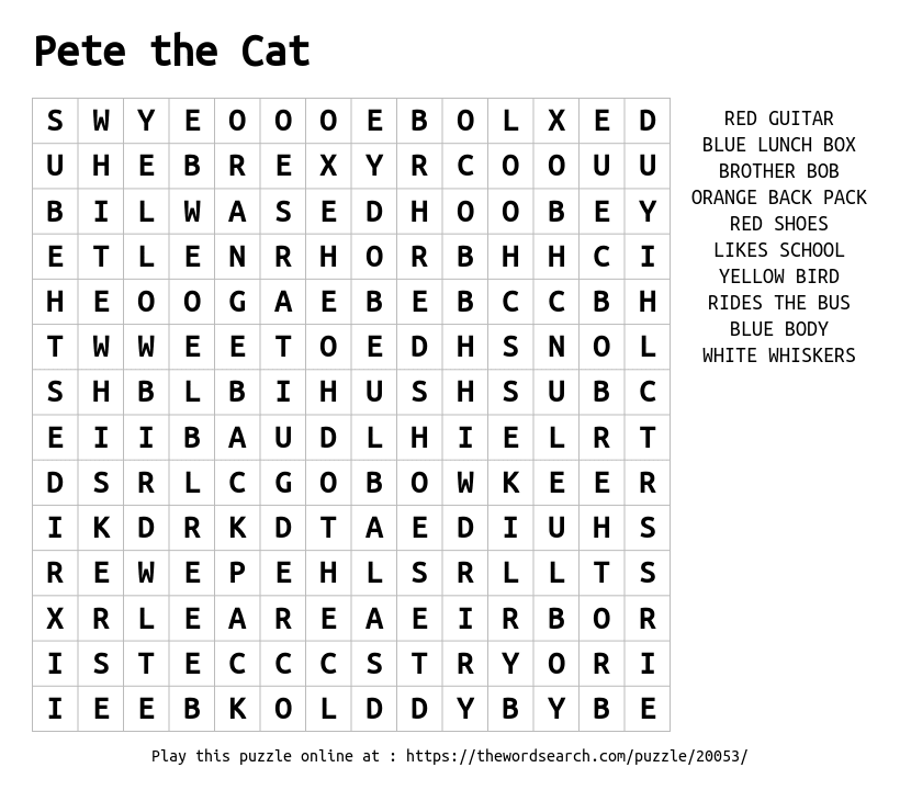 Word Search on Pete the Cat