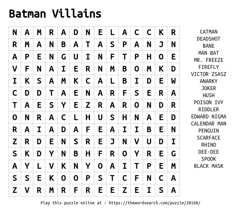 Download Word Search On Batman Villains