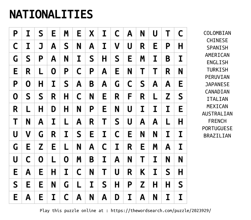 Word Search on NATIONALITIES