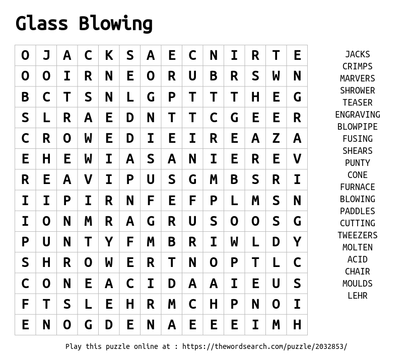 Word Search on Glass Blowing