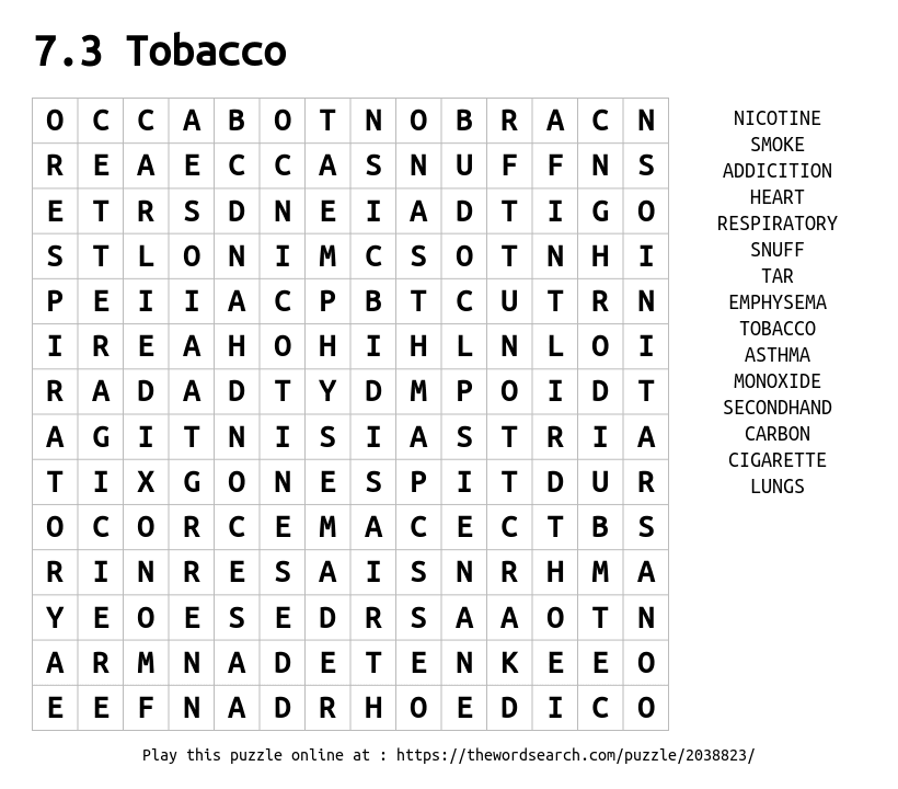 Anti Tobacco Word Search