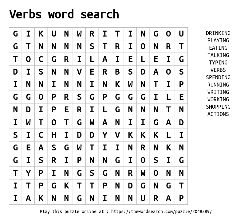 Verbs Word Search Word Search