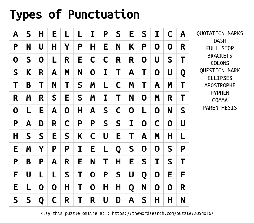 Download Word Search on Types of Punctuation