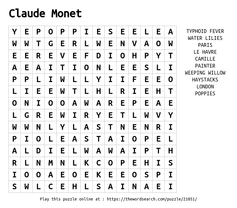 Download Word Search On Claude Monet