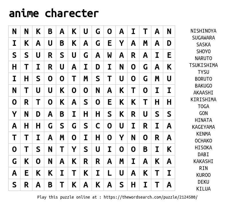 Download Word Search on anime charecter