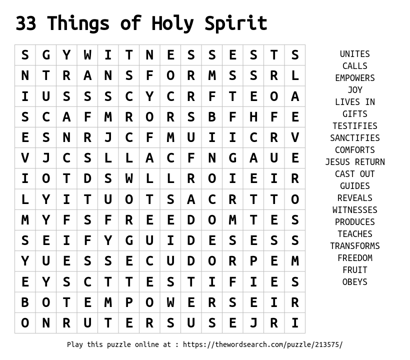 Download Word Search On 33 Things Of Holy Spirit