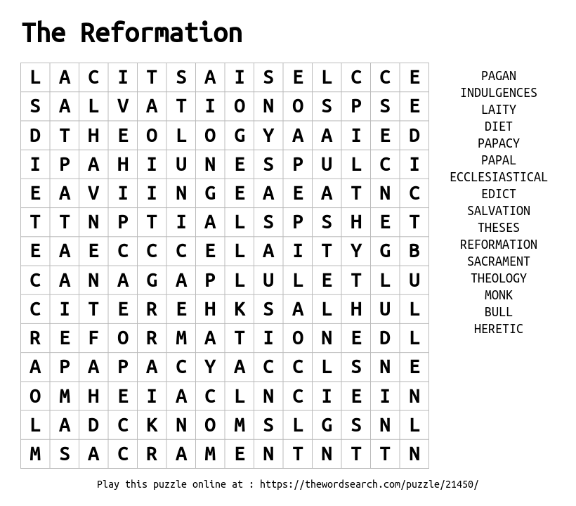Download Word Search on The Reformation