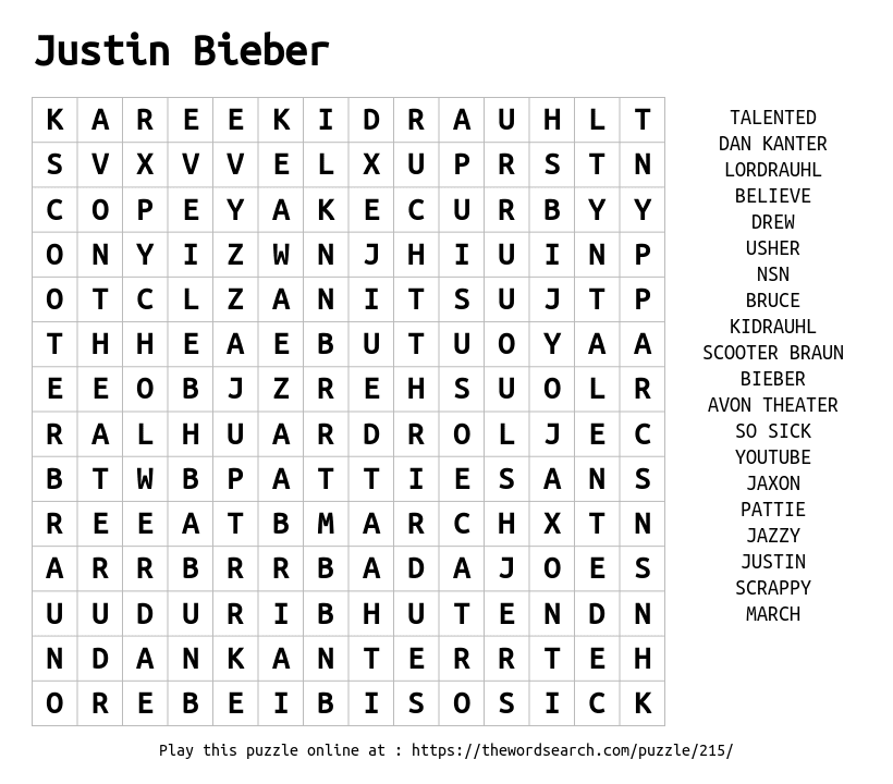 Word Search on Justin Bieber