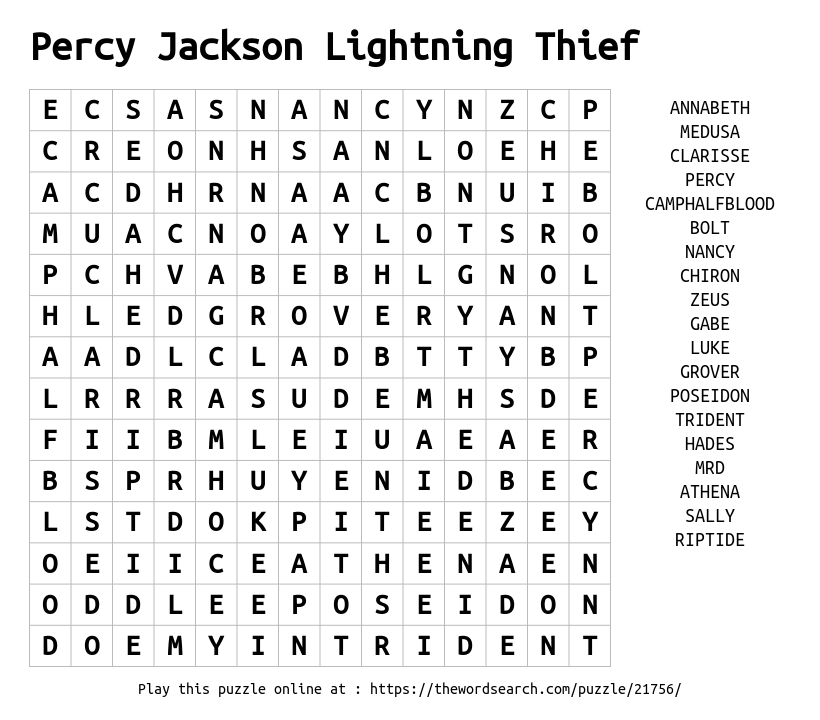 Download Word Search On Percy Jackson Lightning Thief