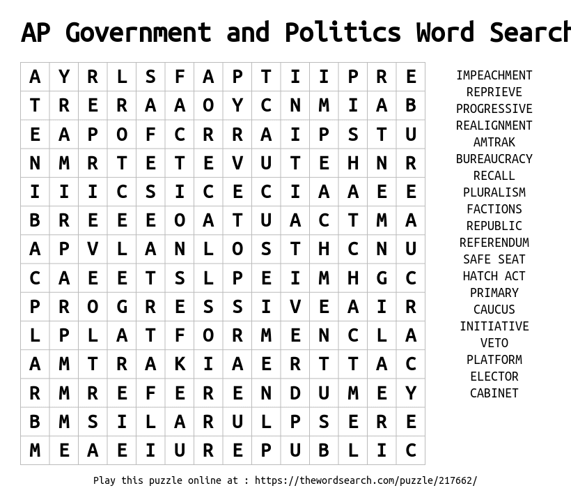 Download Word Search On AP Government And Politics Word Search