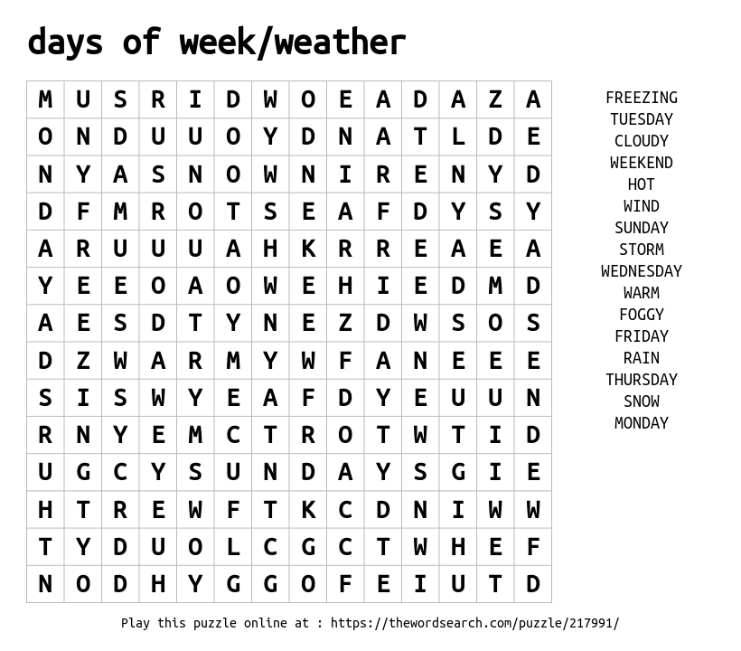 Days Of Week weather Word Search