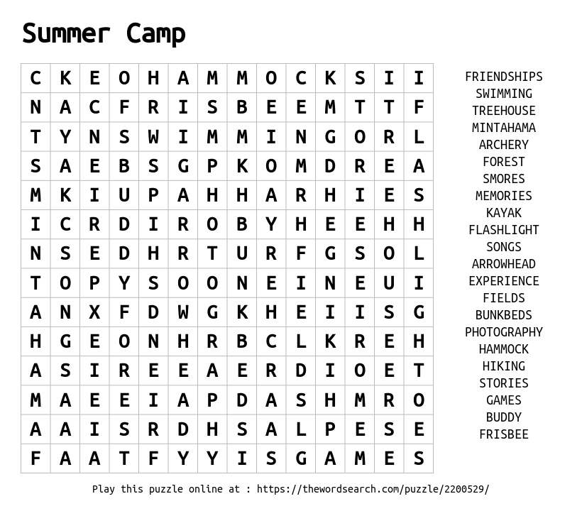 summer camp word search