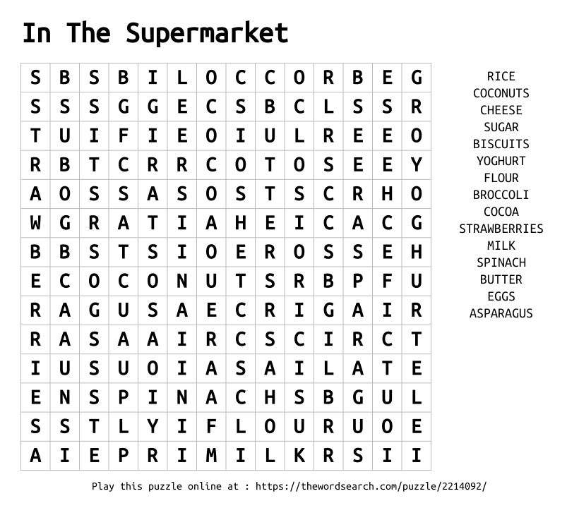 Word Search on In The Supermarket