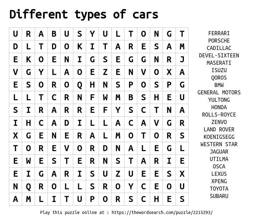 download word search on different types of cars