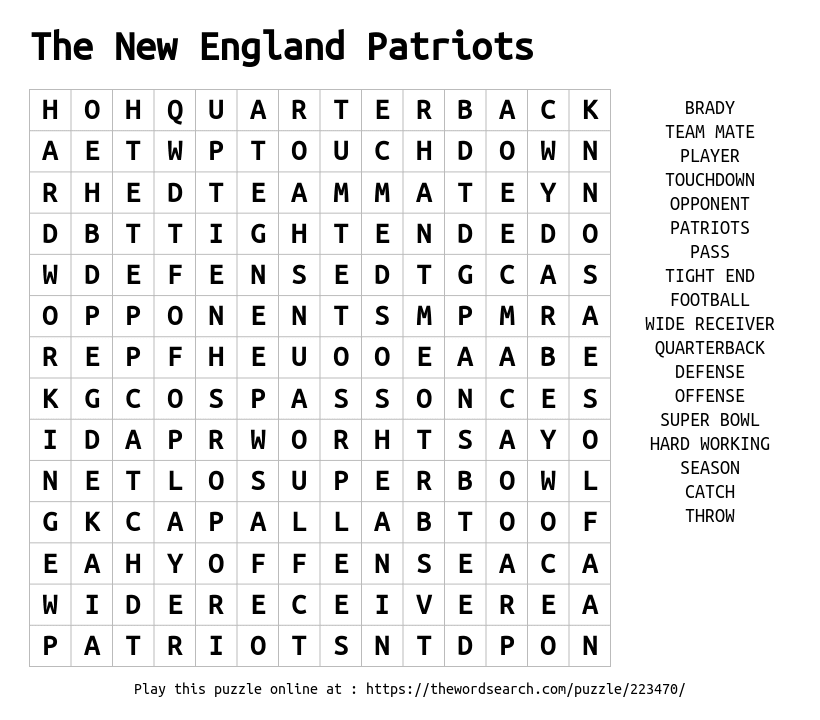 The New England Patriots Word Search