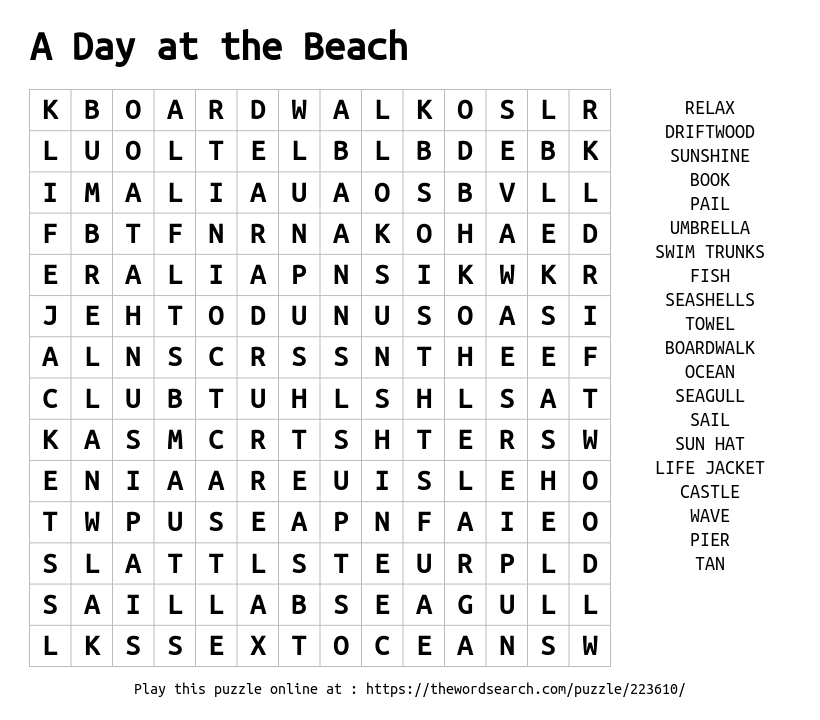 A Day At The Beach Word Search