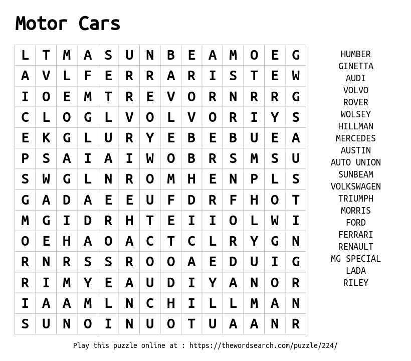 Word Search on Motor Cars