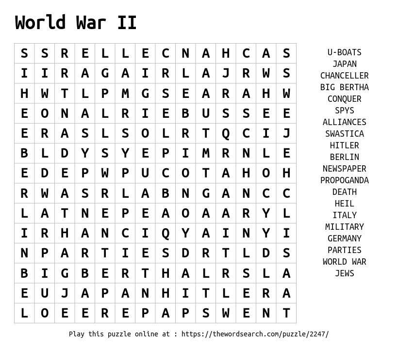 world war one word search