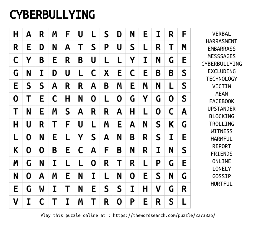 Word Search on CYBERBULLYING